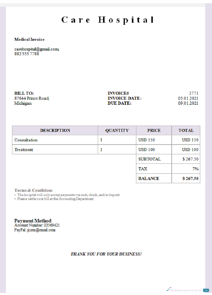 Download USA Care Hospital invoice Photoshop template